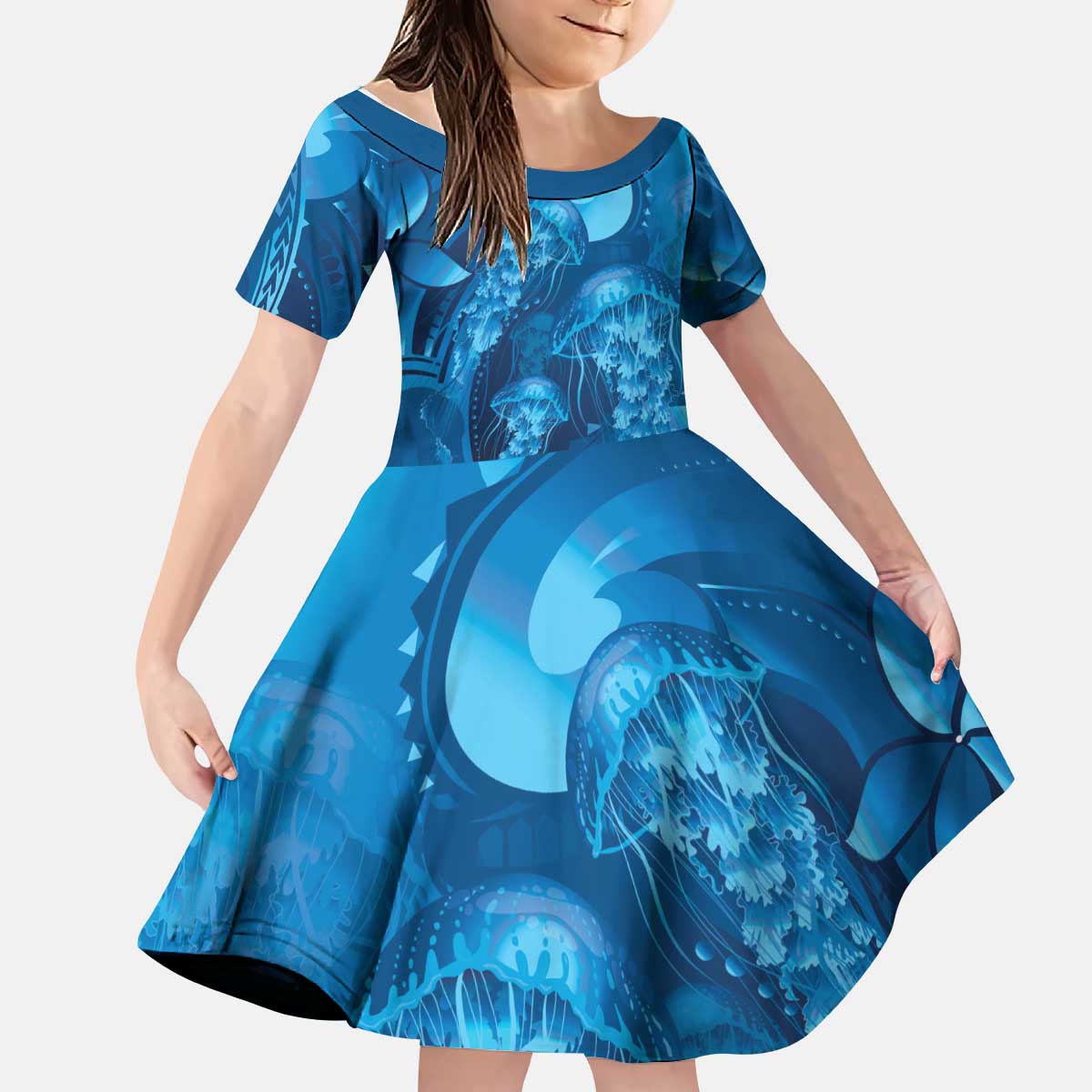 Blue Gradient Polynesia Jellyfish Kid Short Sleeve Dress Plumeria Polynesian Tattoo Glowing Vibes