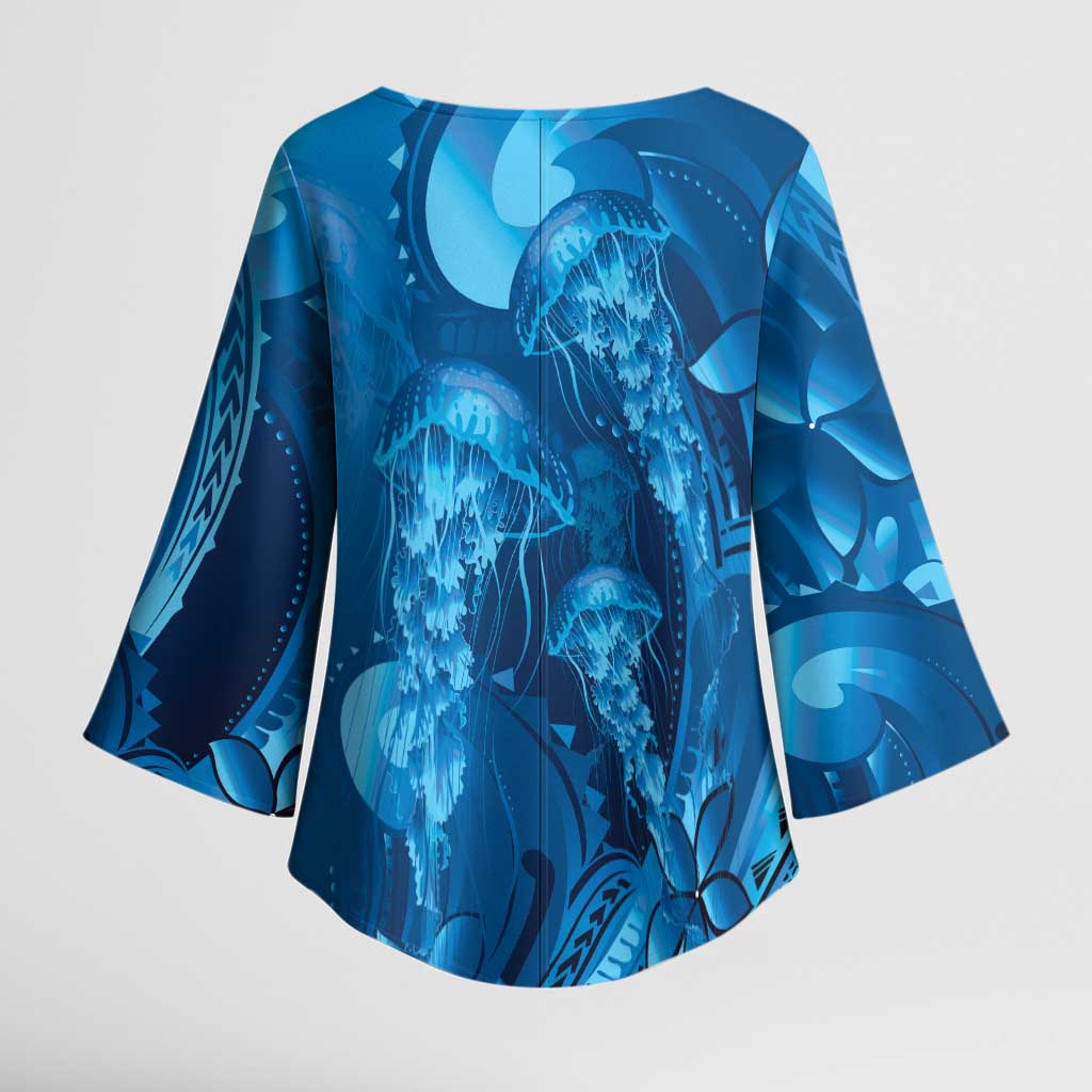 Blue Gradient Polynesia Jellyfish Kimono Sleeve Blouse Plumeria Polynesian Tattoo Glowing Vibes LT14 - Polynesian Pride