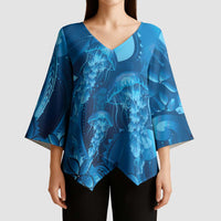 Blue Gradient Polynesia Jellyfish Kimono Sleeve Blouse Plumeria Polynesian Tattoo Glowing Vibes LT14 - Polynesian Pride