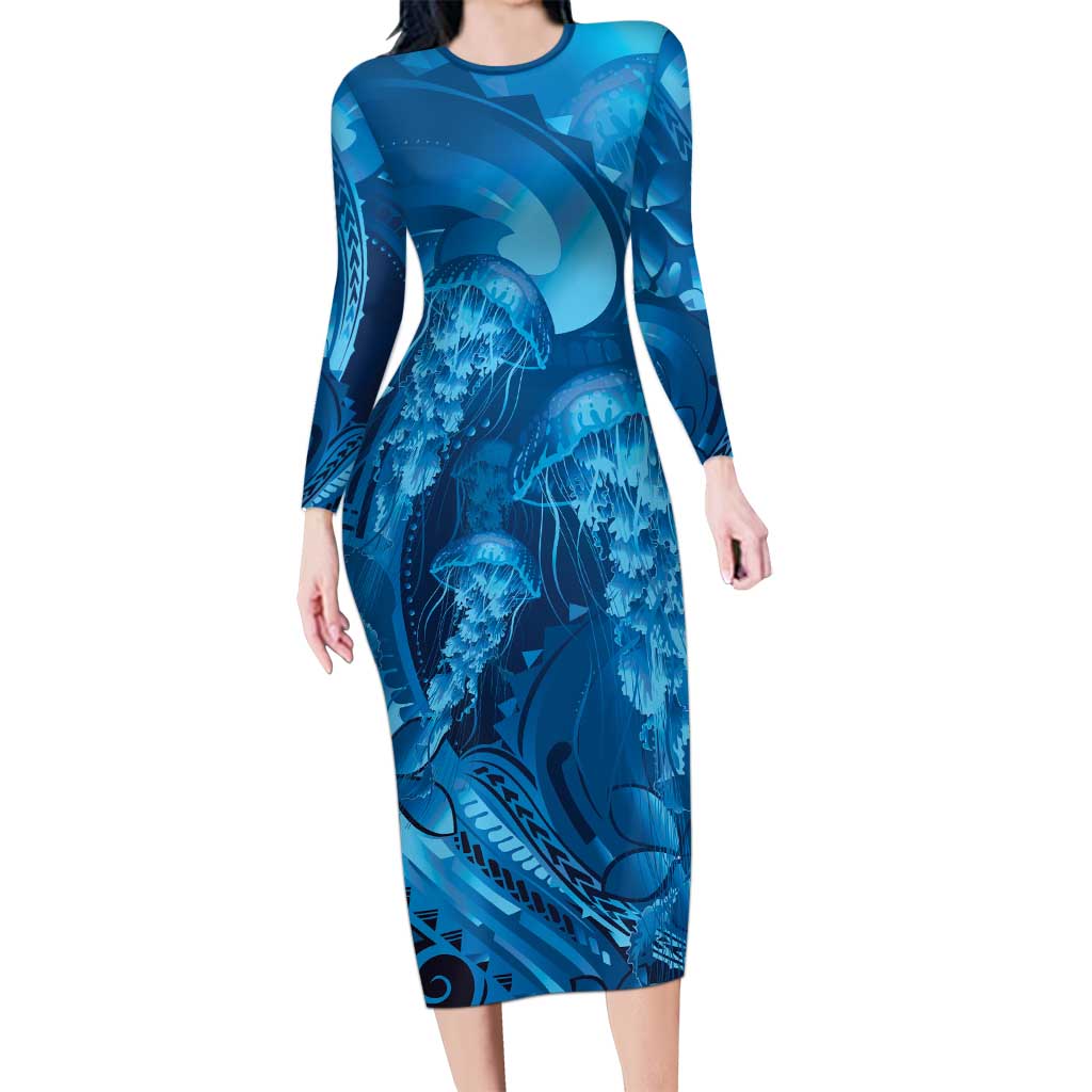Blue Gradient Polynesia Jellyfish Long Sleeve Bodycon Dress Plumeria Polynesian Tattoo Glowing Vibes LT14 Long Dress Blue - Polynesian Pride