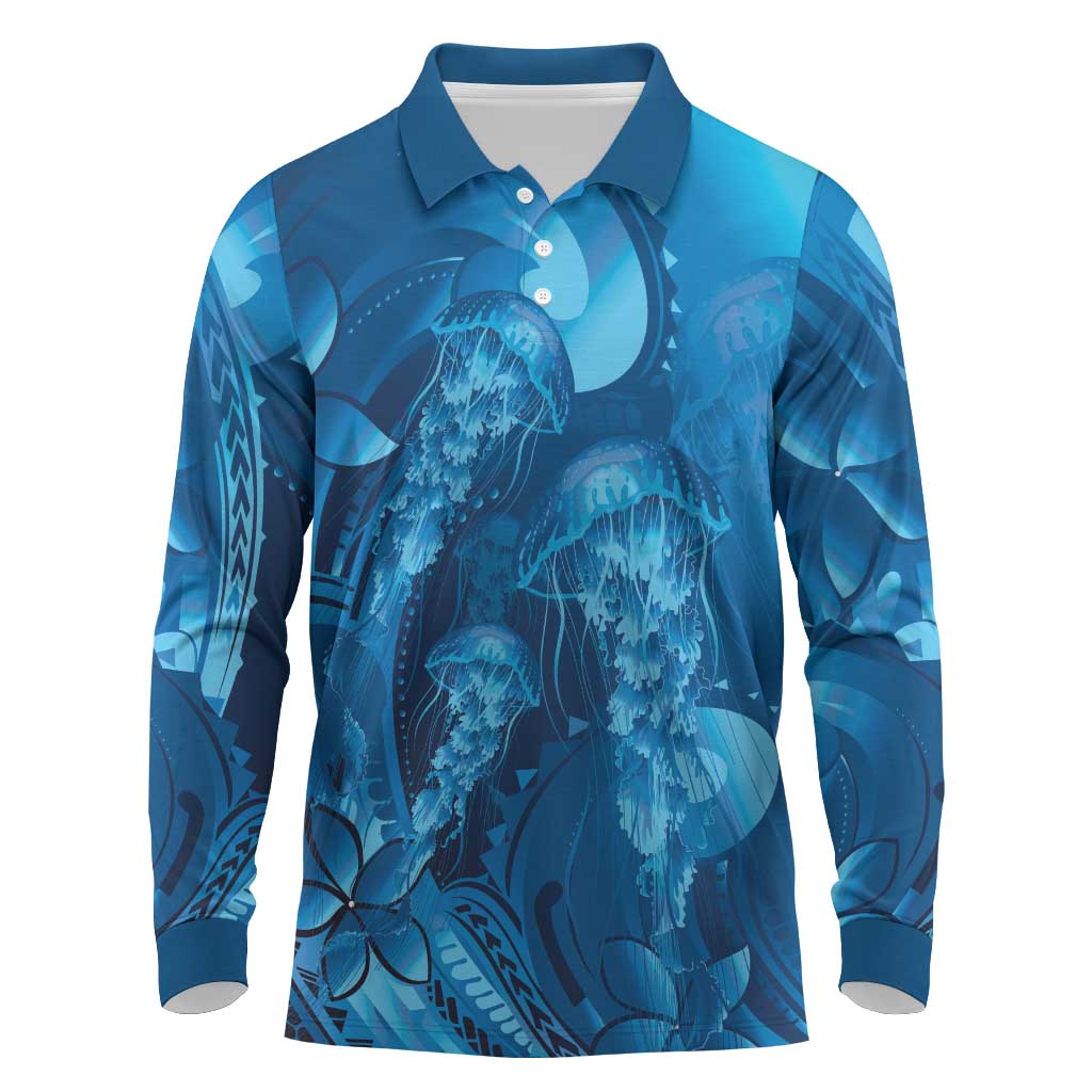 Blue Gradient Polynesia Jellyfish Long Sleeve Polo Shirt Plumeria Polynesian Tattoo Glowing Vibes LT14 Blue - Polynesian Pride