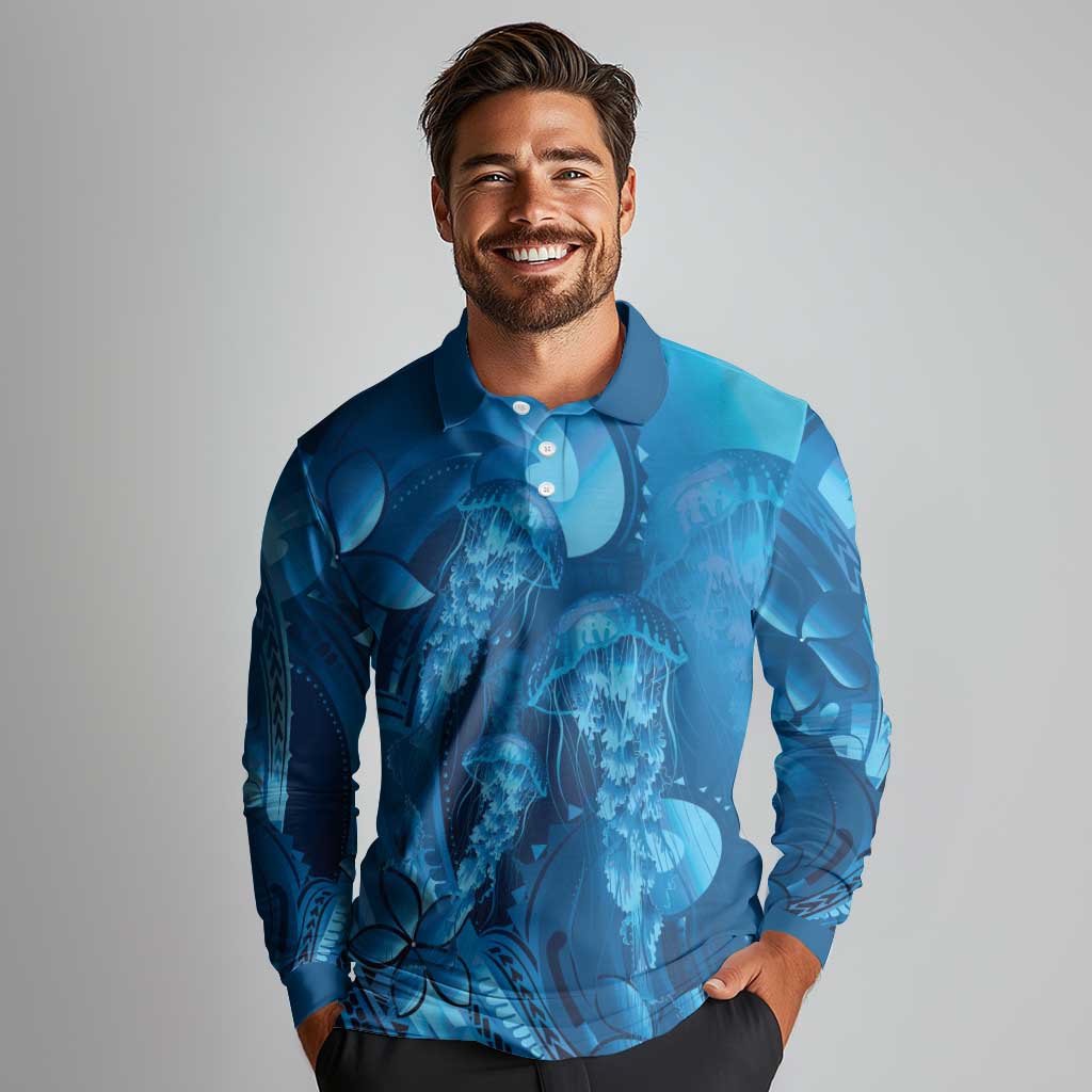 Blue Gradient Polynesia Jellyfish Long Sleeve Polo Shirt Plumeria Polynesian Tattoo Glowing Vibes LT14 - Polynesian Pride