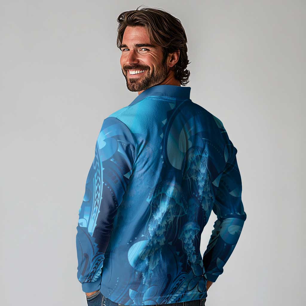 Blue Gradient Polynesia Jellyfish Long Sleeve Polo Shirt Plumeria Polynesian Tattoo Glowing Vibes LT14 - Polynesian Pride