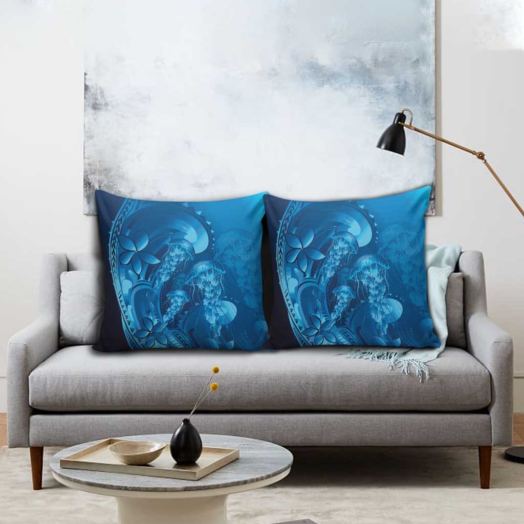 Blue Gradient Polynesia Jellyfish Pillow Cover Plumeria Polynesian Tattoo Glowing Vibes