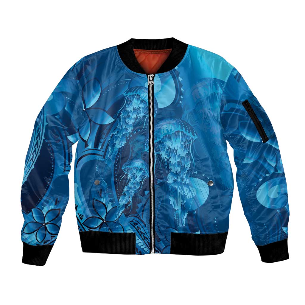 Blue Gradient Polynesia Jellyfish Sleeve Zip Bomber Jacket Plumeria Polynesian Tattoo Glowing Vibes