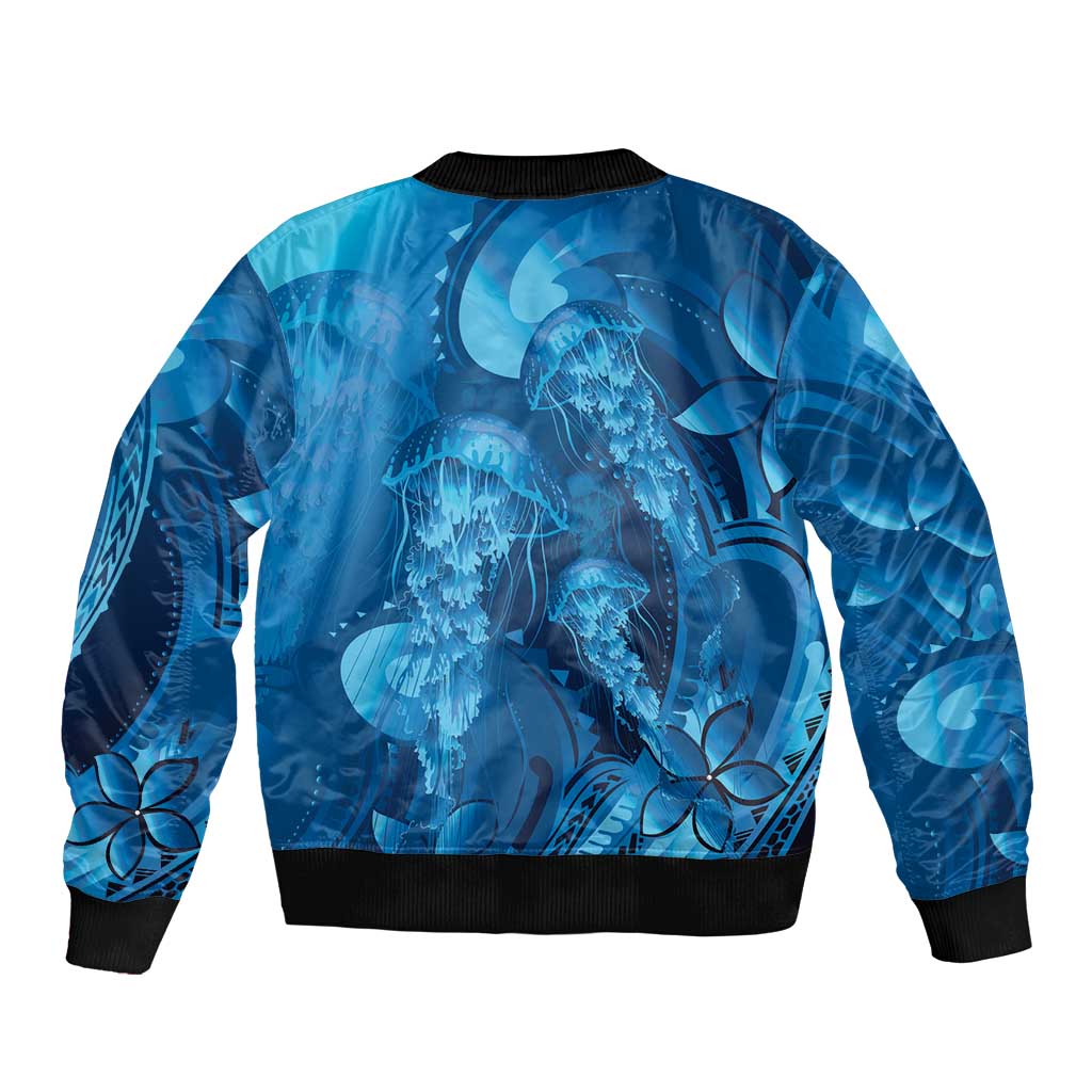 Blue Gradient Polynesia Jellyfish Sleeve Zip Bomber Jacket Plumeria Polynesian Tattoo Glowing Vibes