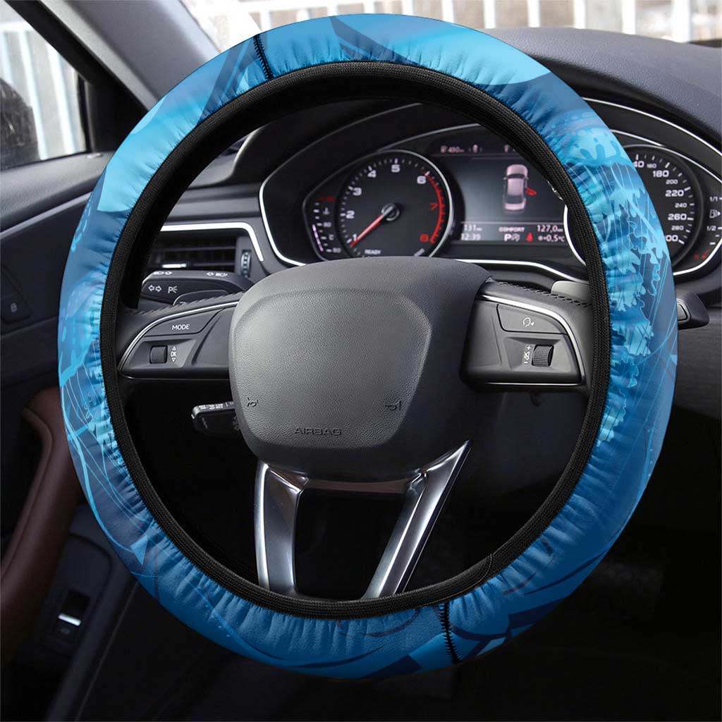 Blue Gradient Polynesia Jellyfish Steering Wheel Cover Plumeria Polynesian Tattoo Glowing Vibes