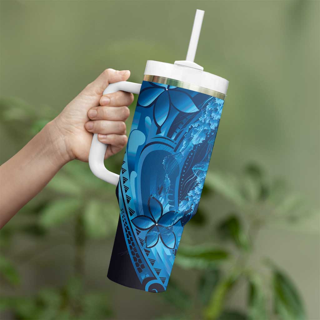 Blue Gradient Polynesia Jellyfish Tumbler With Handle Plumeria Polynesian Tattoo Glowing Vibes