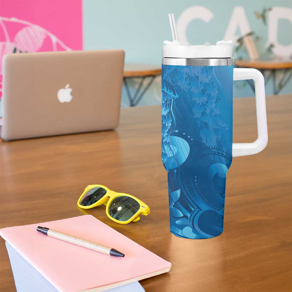 Blue Gradient Polynesia Jellyfish Tumbler With Handle Plumeria Polynesian Tattoo Glowing Vibes
