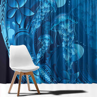 Blue Gradient Polynesia Jellyfish Window Curtain Plumeria Polynesian Tattoo Glowing Vibes