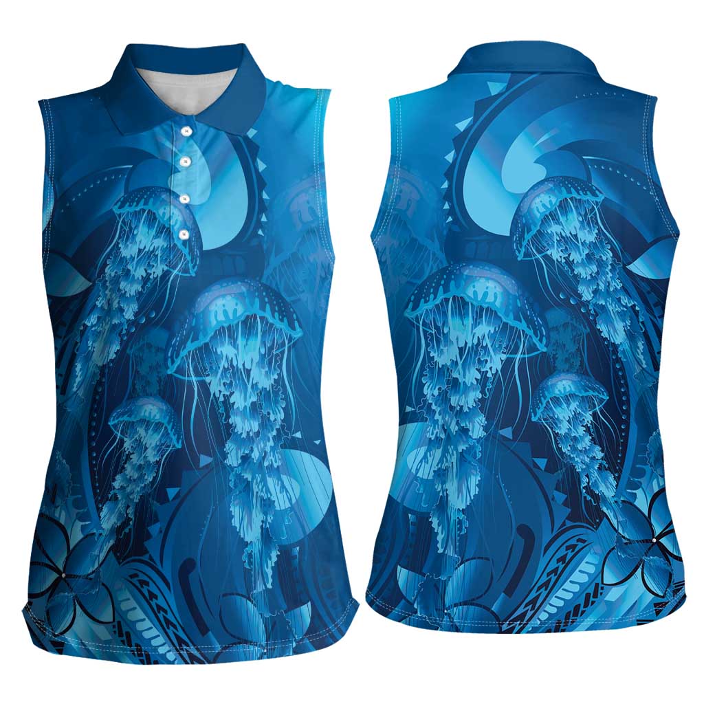 Blue Gradient Polynesia Jellyfish Women Sleeveless Polo Shirt Plumeria Polynesian Tattoo Glowing Vibes LT14 - Polynesian Pride