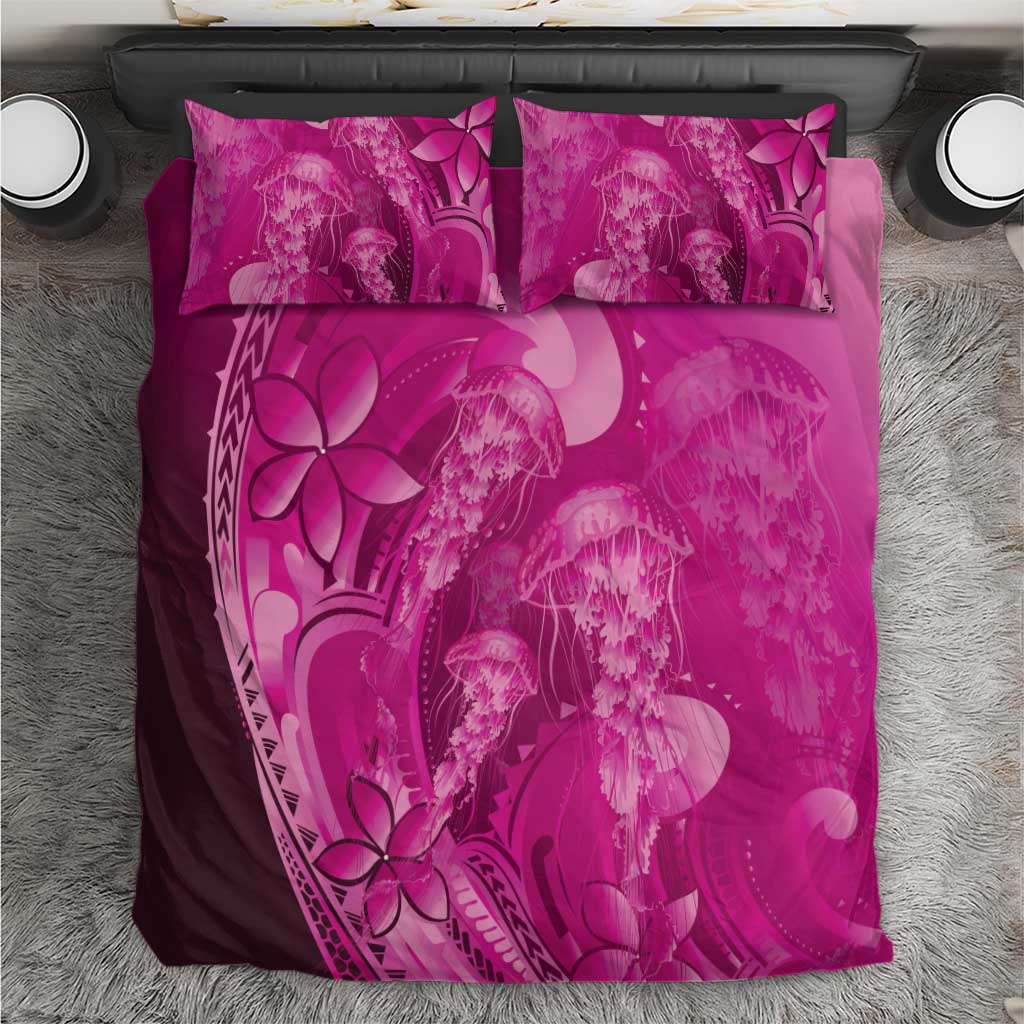 Pink Gradient Polynesia Jellyfish Bedding Set Plumeria Polynesian Tattoo Glowing Vibes