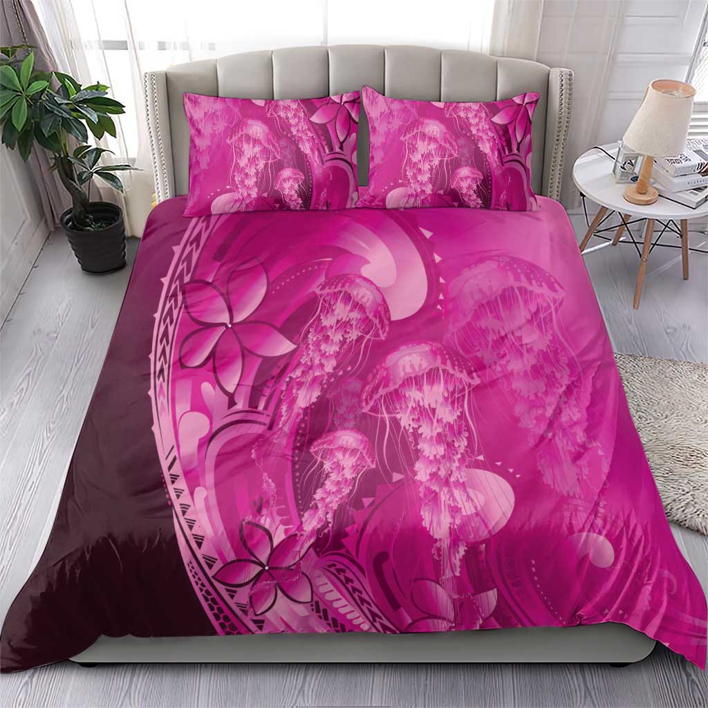 Pink Gradient Polynesia Jellyfish Bedding Set Plumeria Polynesian Tattoo Glowing Vibes