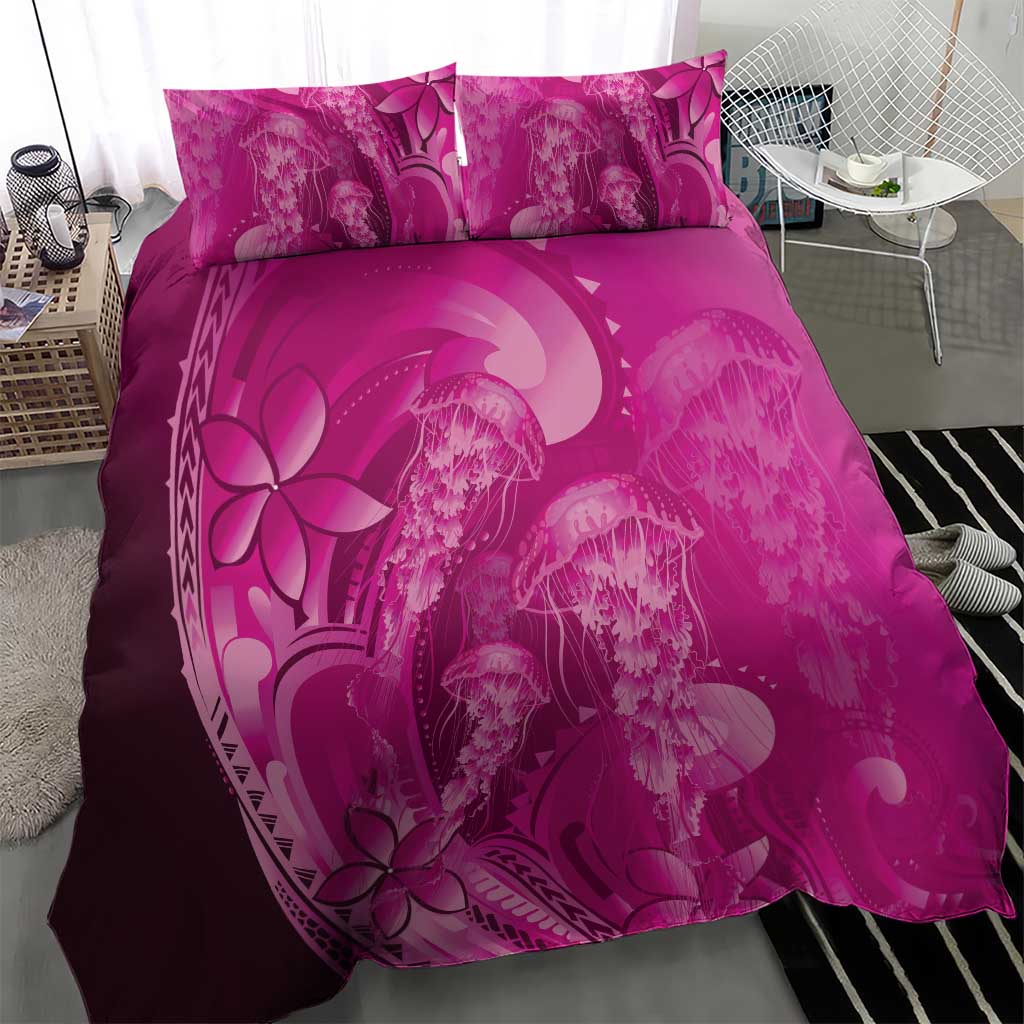 Pink Gradient Polynesia Jellyfish Bedding Set Plumeria Polynesian Tattoo Glowing Vibes