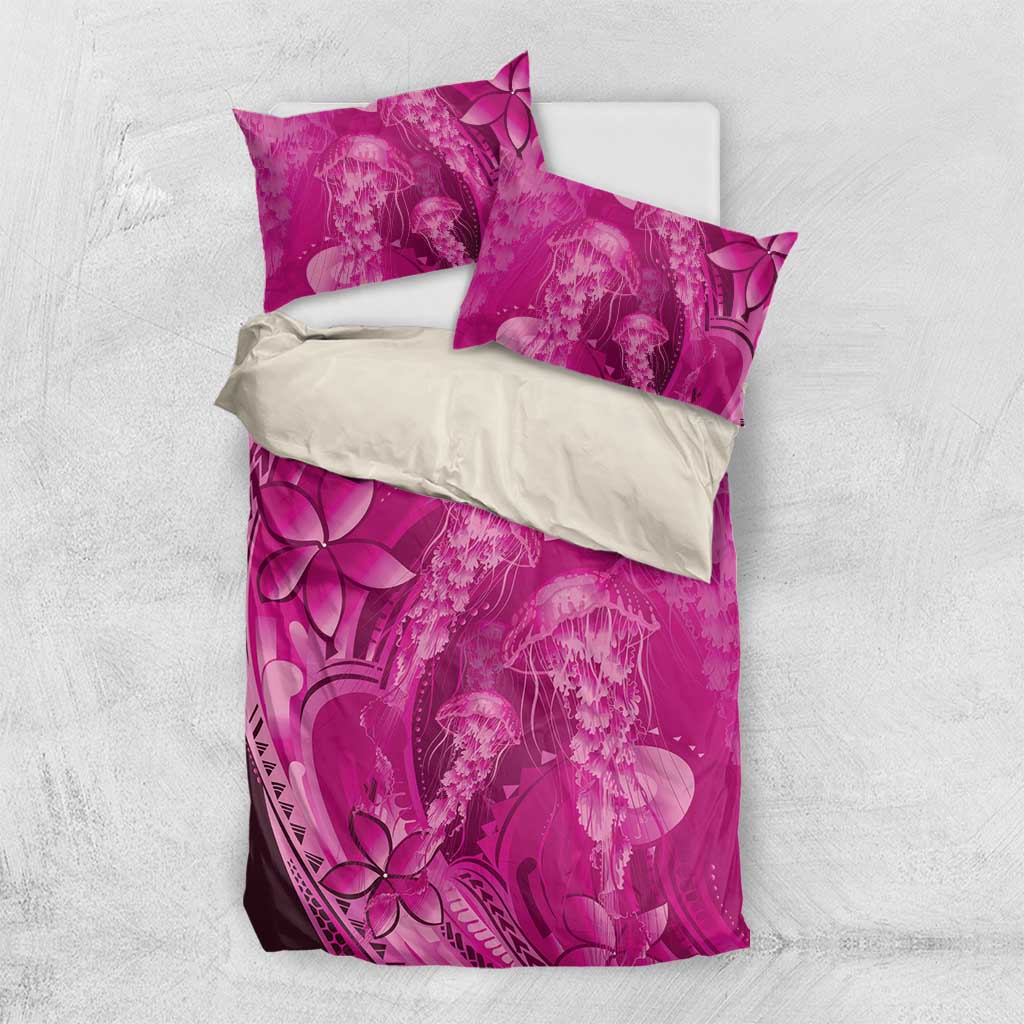 Pink Gradient Polynesia Jellyfish Bedding Set Plumeria Polynesian Tattoo Glowing Vibes