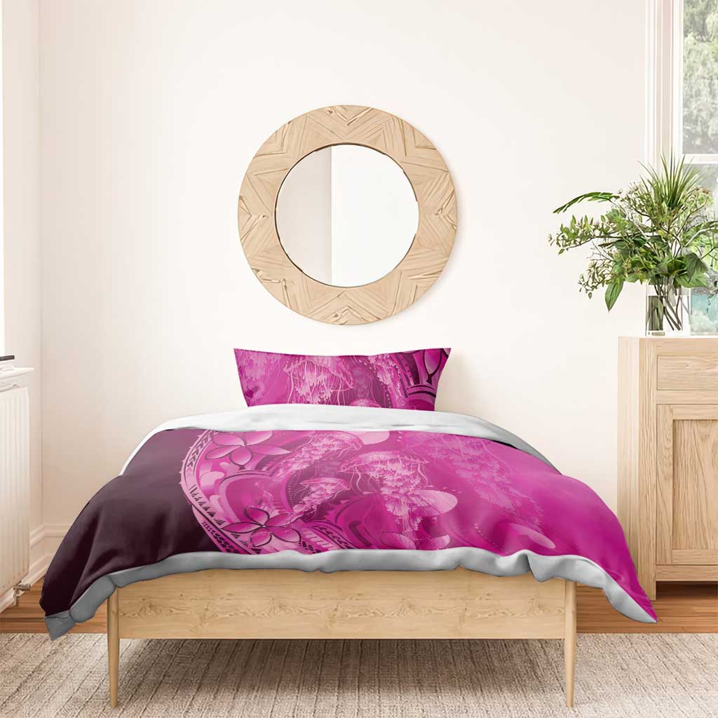 Pink Gradient Polynesia Jellyfish Bedding Set Plumeria Polynesian Tattoo Glowing Vibes