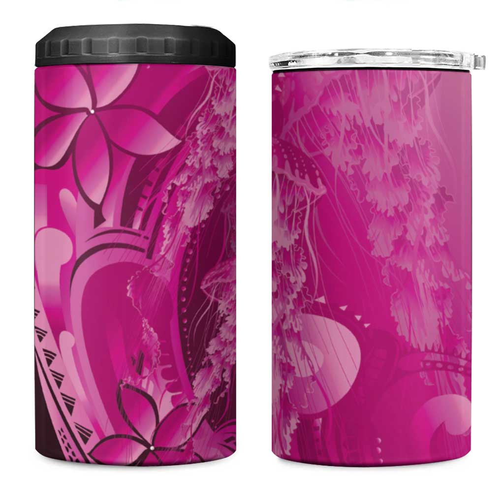 Pink Gradient Polynesia Jellyfish 4 in 1 Can Cooler Tumbler Plumeria Polynesian Tattoo Glowing Vibes