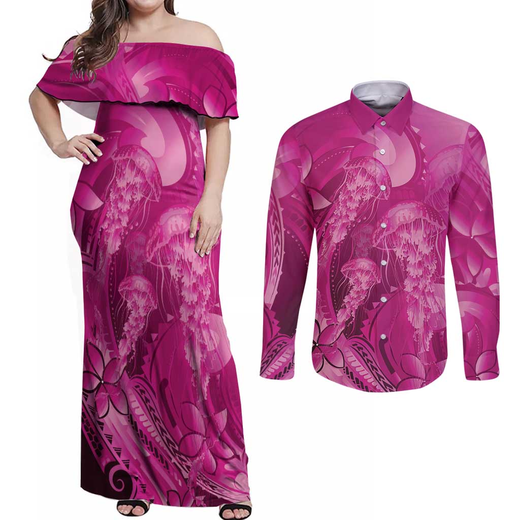 Pink Gradient Polynesia Jellyfish Couples Matching Off Shoulder Maxi Dress and Long Sleeve Button Shirt Plumeria Polynesian Tattoo Glowing Vibes LT14 Pink - Polynesian Pride