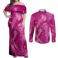 Pink Gradient Polynesia Jellyfish Couples Matching Off Shoulder Maxi Dress and Long Sleeve Button Shirt Plumeria Polynesian Tattoo Glowing Vibes LT14 Pink - Polynesian Pride