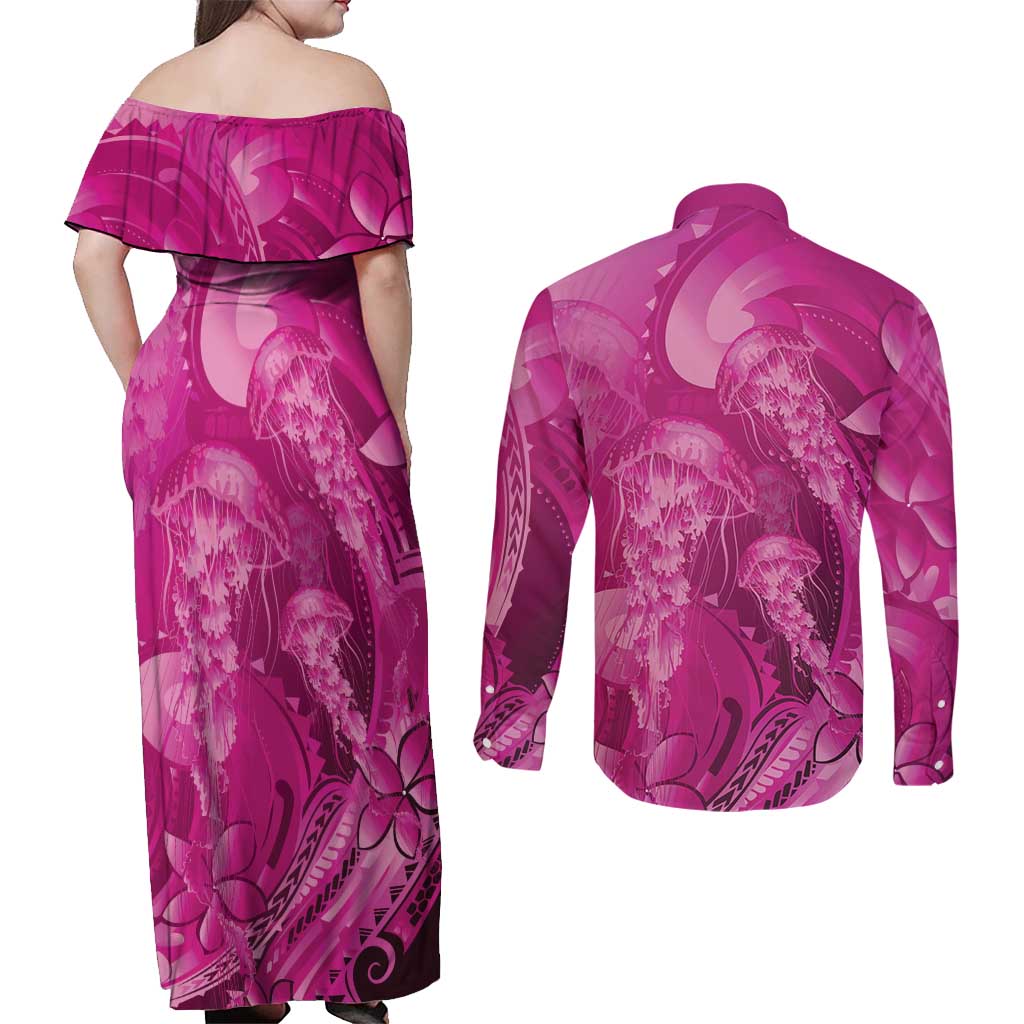 Pink Gradient Polynesia Jellyfish Couples Matching Off Shoulder Maxi Dress and Long Sleeve Button Shirt Plumeria Polynesian Tattoo Glowing Vibes LT14 - Polynesian Pride