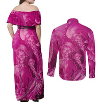 Pink Gradient Polynesia Jellyfish Couples Matching Off Shoulder Maxi Dress and Long Sleeve Button Shirt Plumeria Polynesian Tattoo Glowing Vibes LT14 - Polynesian Pride
