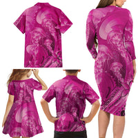 Pink Gradient Polynesia Jellyfish Family Matching Long Sleeve Bodycon Dress and Hawaiian Shirt Plumeria Polynesian Tattoo Glowing Vibes