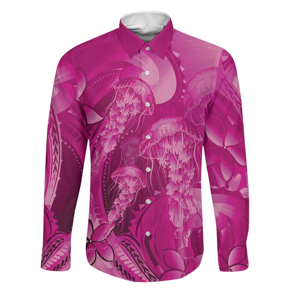 Pink Gradient Polynesia Jellyfish Family Matching Long Sleeve Bodycon Dress and Hawaiian Shirt Plumeria Polynesian Tattoo Glowing Vibes