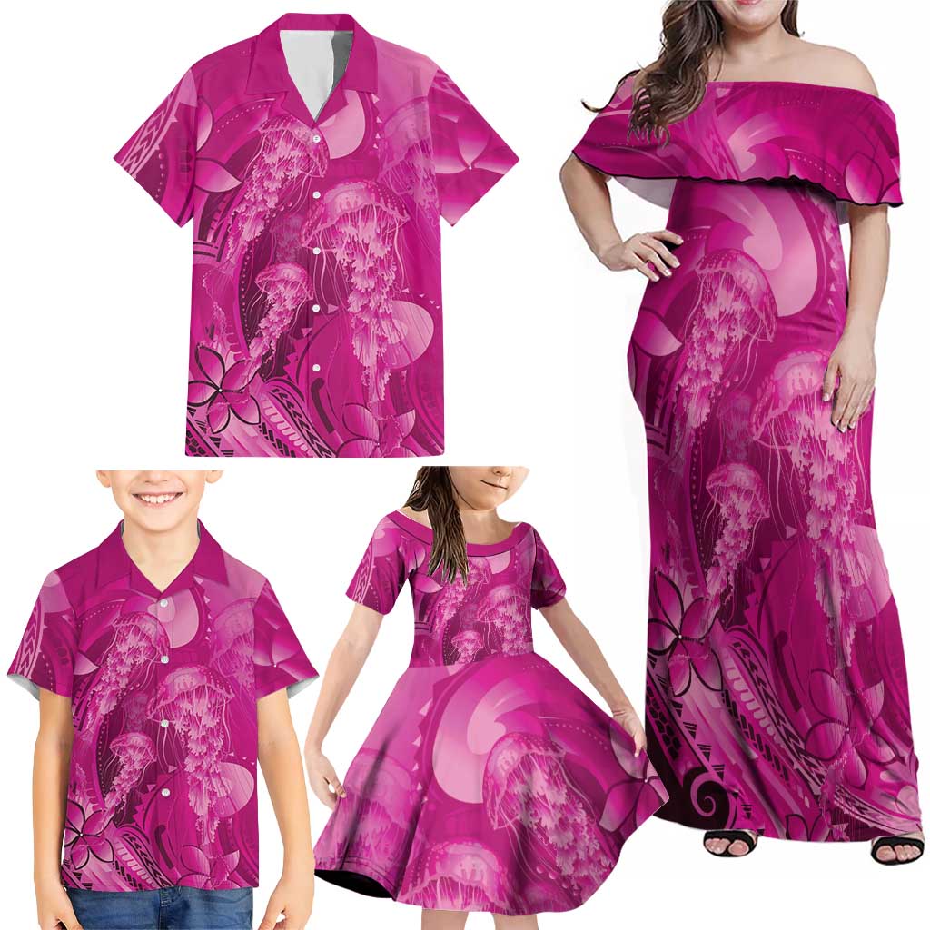 Pink Gradient Polynesia Jellyfish Family Matching Off Shoulder Maxi Dress and Hawaiian Shirt Plumeria Polynesian Tattoo Glowing Vibes LT14 - Polynesian Pride