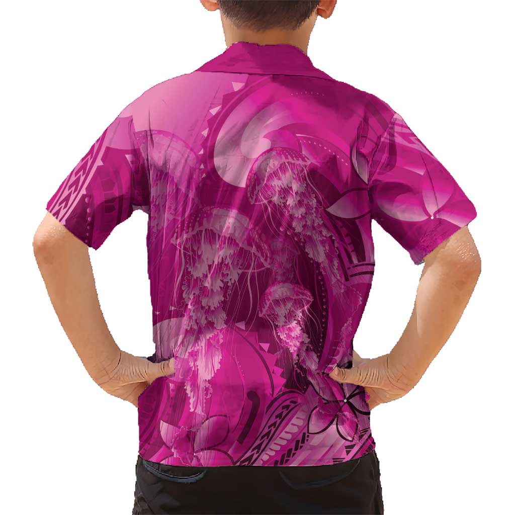 Pink Gradient Polynesia Jellyfish Family Matching Off Shoulder Short Dress and Hawaiian Shirt Plumeria Polynesian Tattoo Glowing Vibes