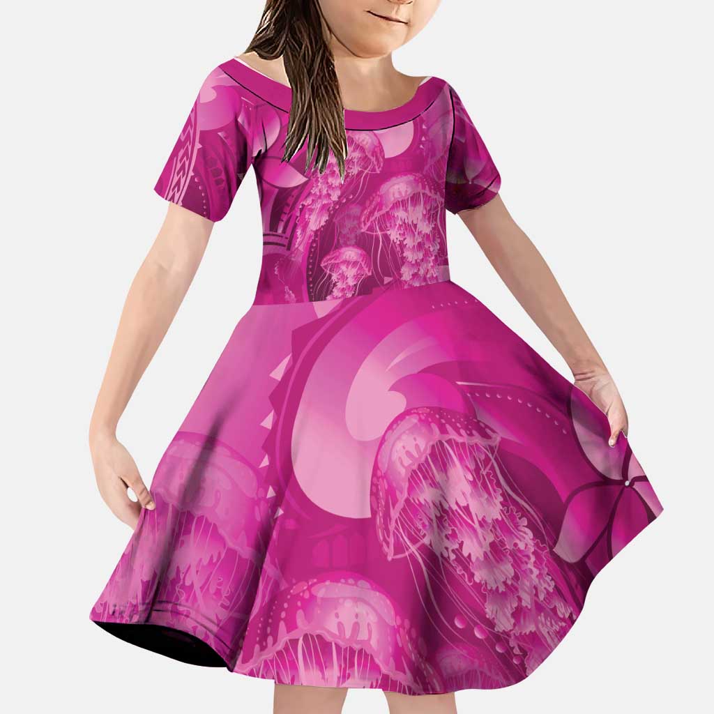 Pink Gradient Polynesia Jellyfish Family Matching Off Shoulder Short Dress and Hawaiian Shirt Plumeria Polynesian Tattoo Glowing Vibes