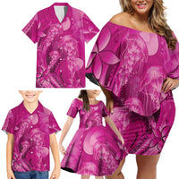 Pink Gradient Polynesia Jellyfish Family Matching Off Shoulder Short Dress and Hawaiian Shirt Plumeria Polynesian Tattoo Glowing Vibes