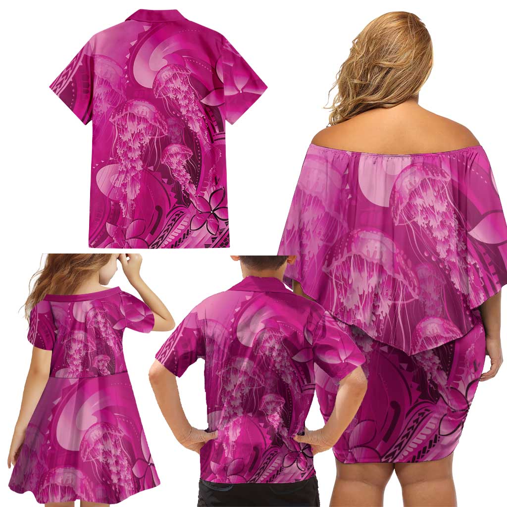 Pink Gradient Polynesia Jellyfish Family Matching Off Shoulder Short Dress and Hawaiian Shirt Plumeria Polynesian Tattoo Glowing Vibes