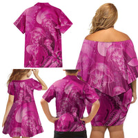 Pink Gradient Polynesia Jellyfish Family Matching Off Shoulder Short Dress and Hawaiian Shirt Plumeria Polynesian Tattoo Glowing Vibes