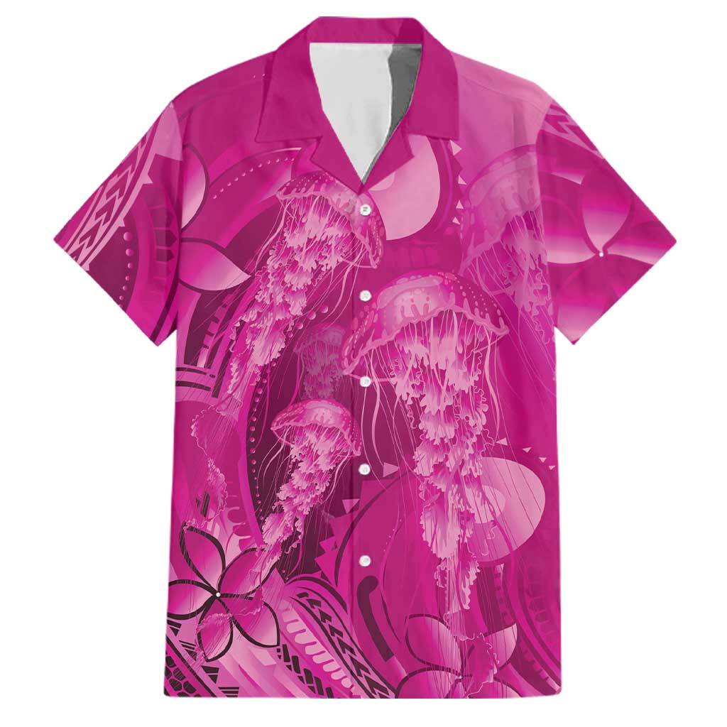 Pink Gradient Polynesia Jellyfish Family Matching Off Shoulder Short Dress and Hawaiian Shirt Plumeria Polynesian Tattoo Glowing Vibes