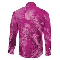 Pink Gradient Polynesia Jellyfish Family Matching Off Shoulder Short Dress and Hawaiian Shirt Plumeria Polynesian Tattoo Glowing Vibes