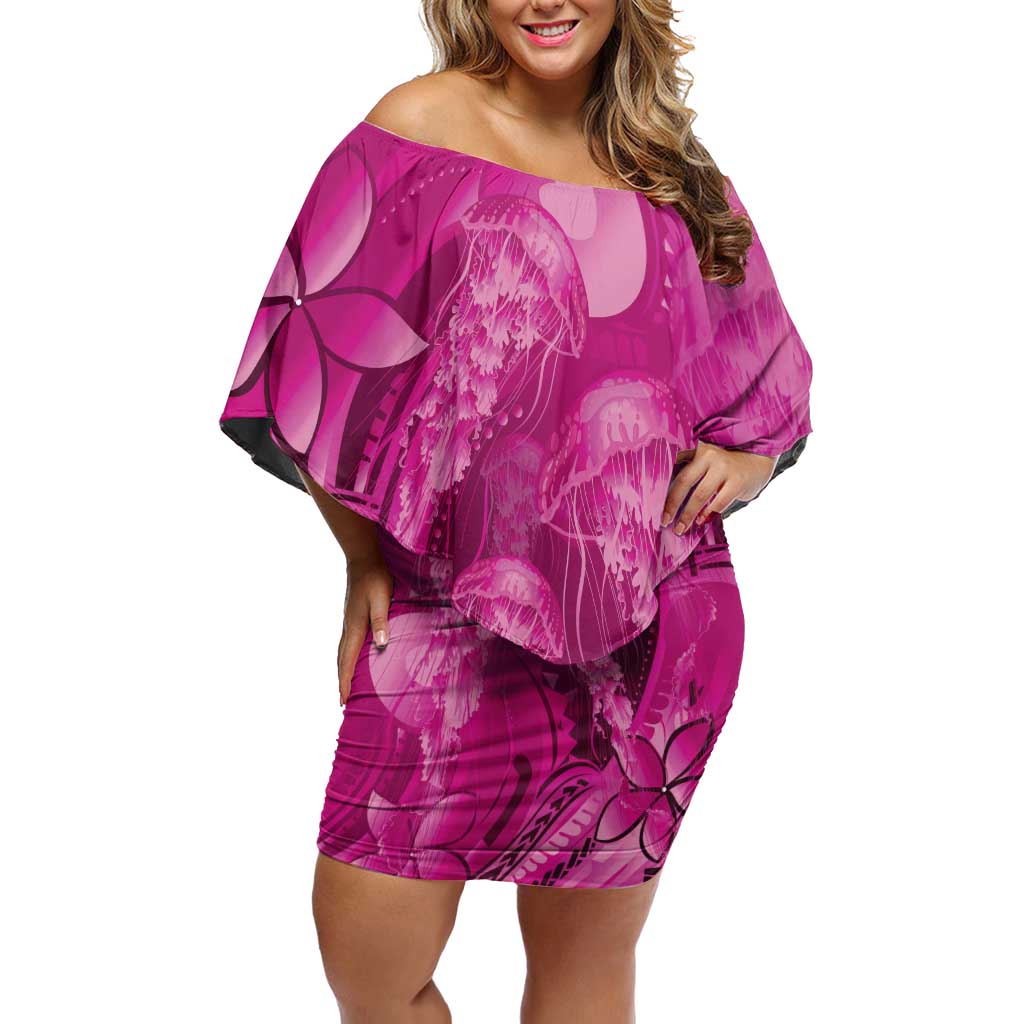 Pink Gradient Polynesia Jellyfish Family Matching Off Shoulder Short Dress and Hawaiian Shirt Plumeria Polynesian Tattoo Glowing Vibes