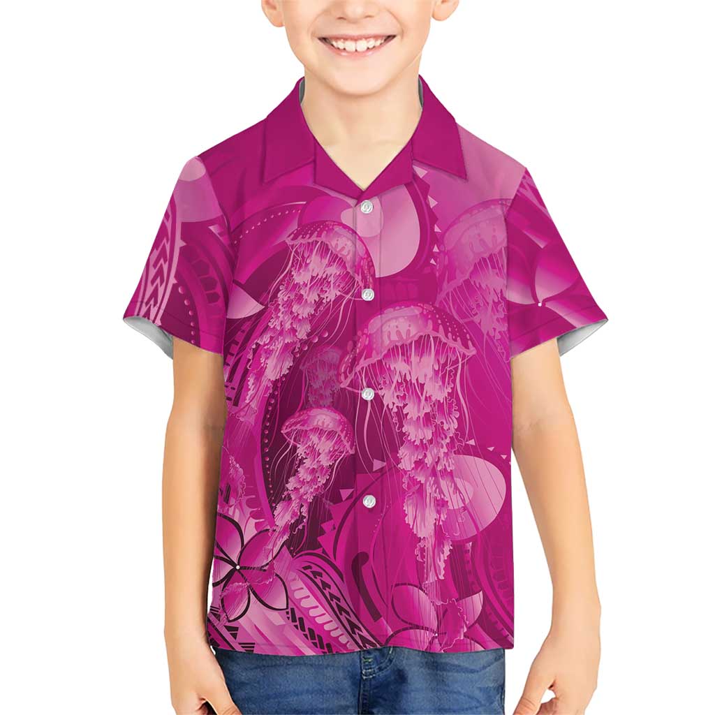 Pink Gradient Polynesia Jellyfish Family Matching Off Shoulder Short Dress and Hawaiian Shirt Plumeria Polynesian Tattoo Glowing Vibes