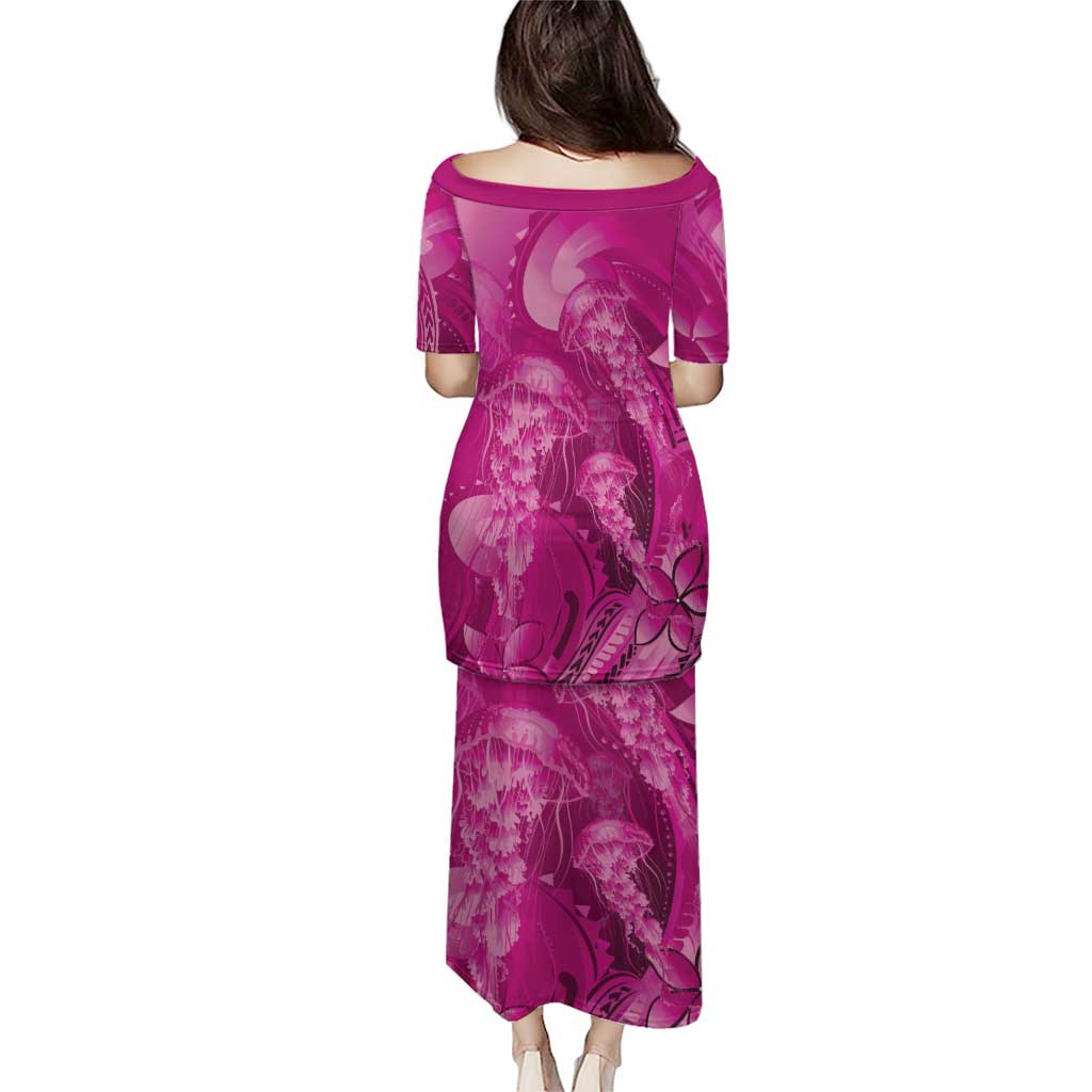Pink Gradient Polynesia Jellyfish Family Matching Puletasi and Hawaiian Shirt Plumeria Polynesian Tattoo Glowing Vibes