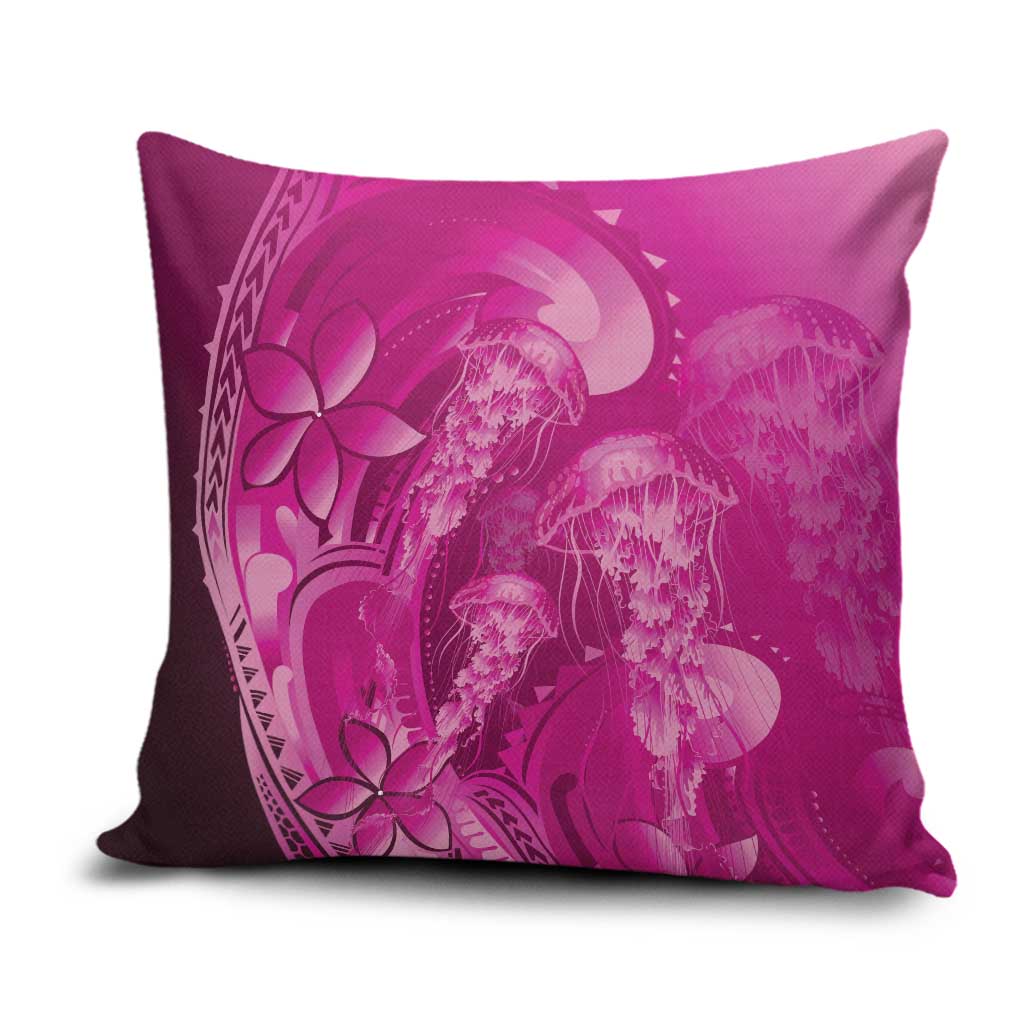 Pink Gradient Polynesia Jellyfish Pillow Cover Plumeria Polynesian Tattoo Glowing Vibes