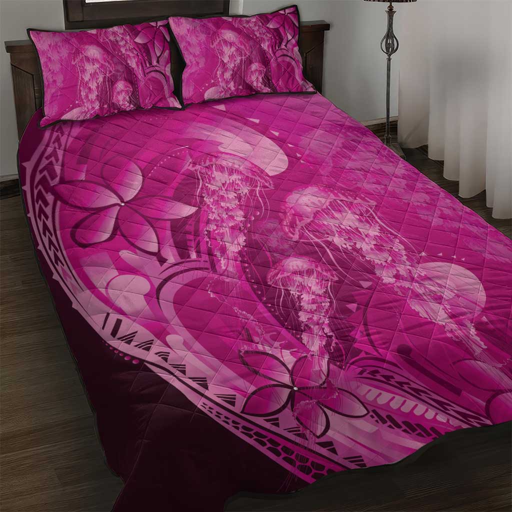 Pink Gradient Polynesia Jellyfish Quilt Bed Set Plumeria Polynesian Tattoo Glowing Vibes