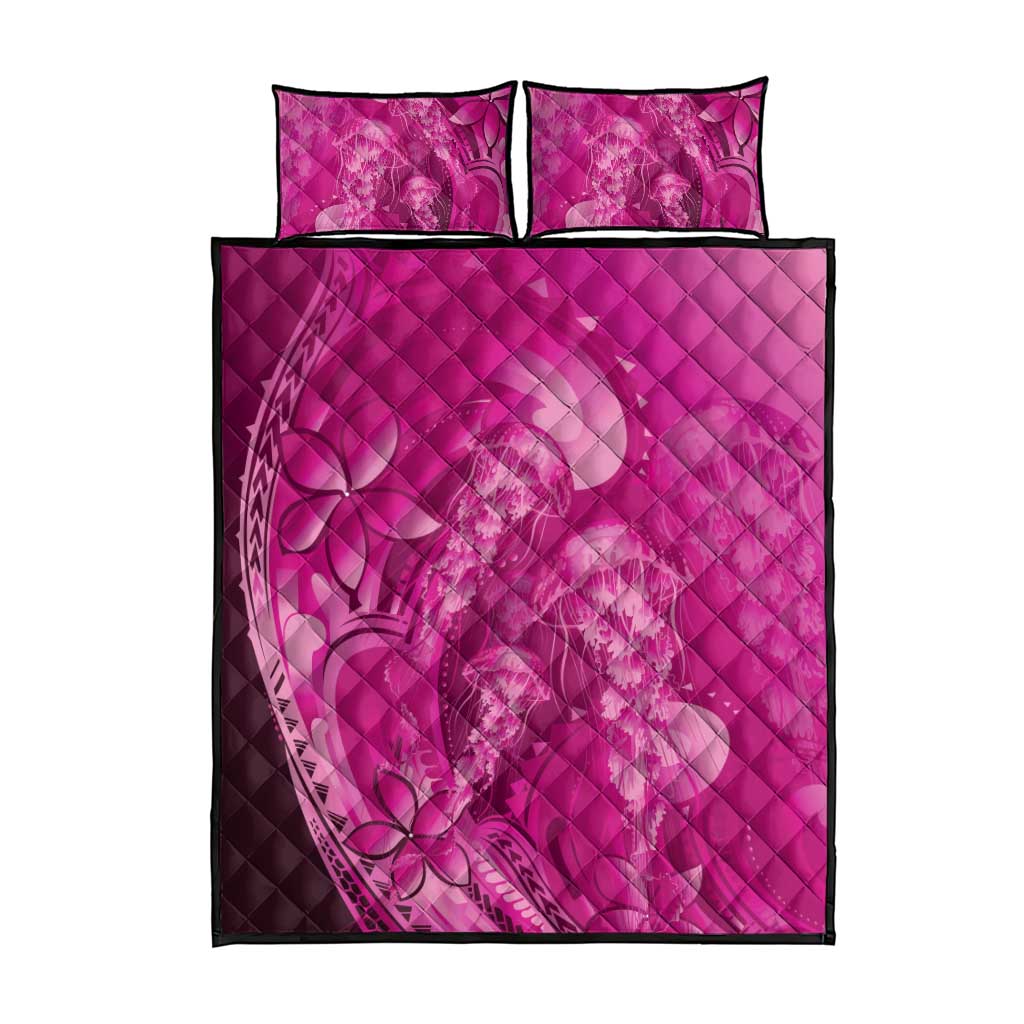 Pink Gradient Polynesia Jellyfish Quilt Bed Set Plumeria Polynesian Tattoo Glowing Vibes