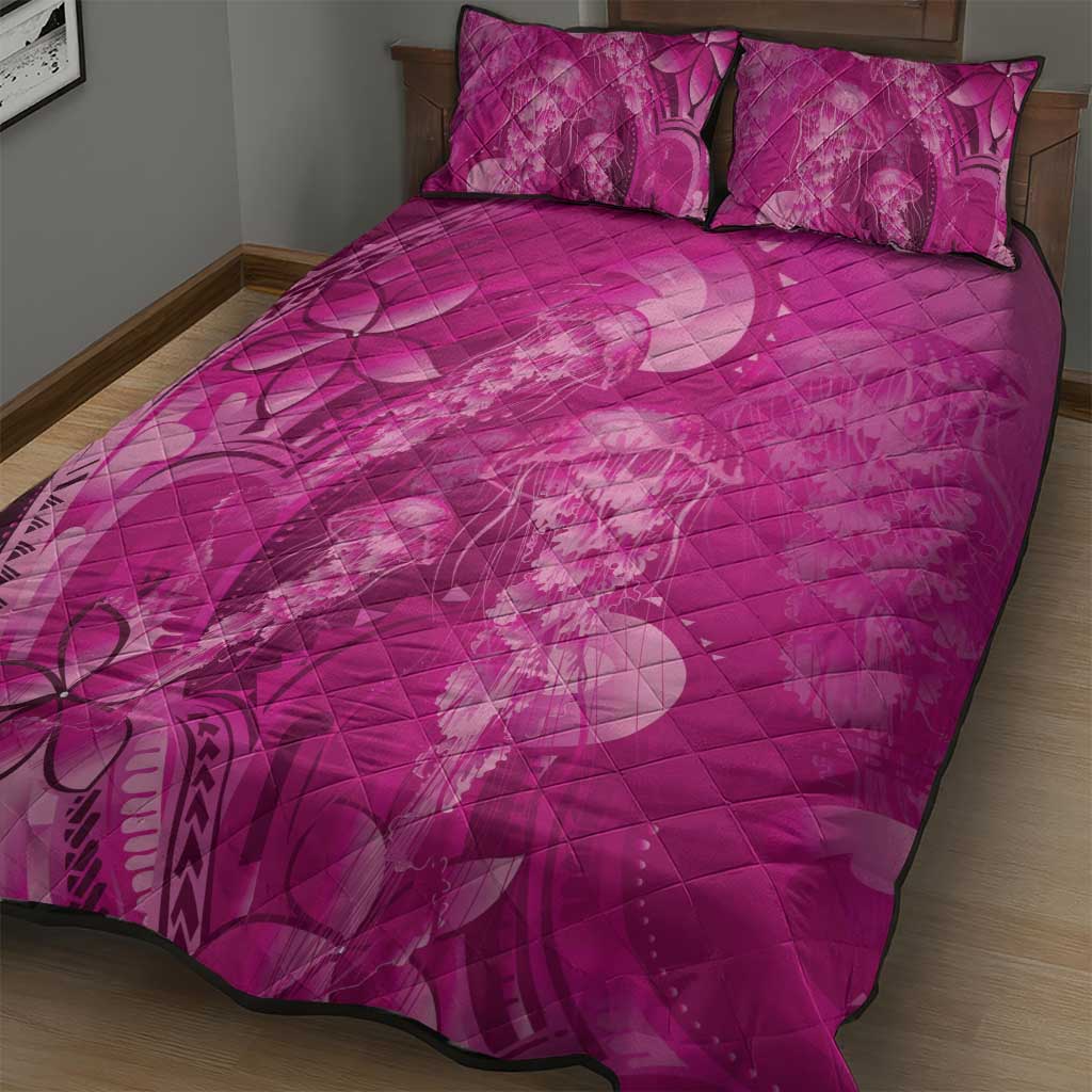Pink Gradient Polynesia Jellyfish Quilt Bed Set Plumeria Polynesian Tattoo Glowing Vibes