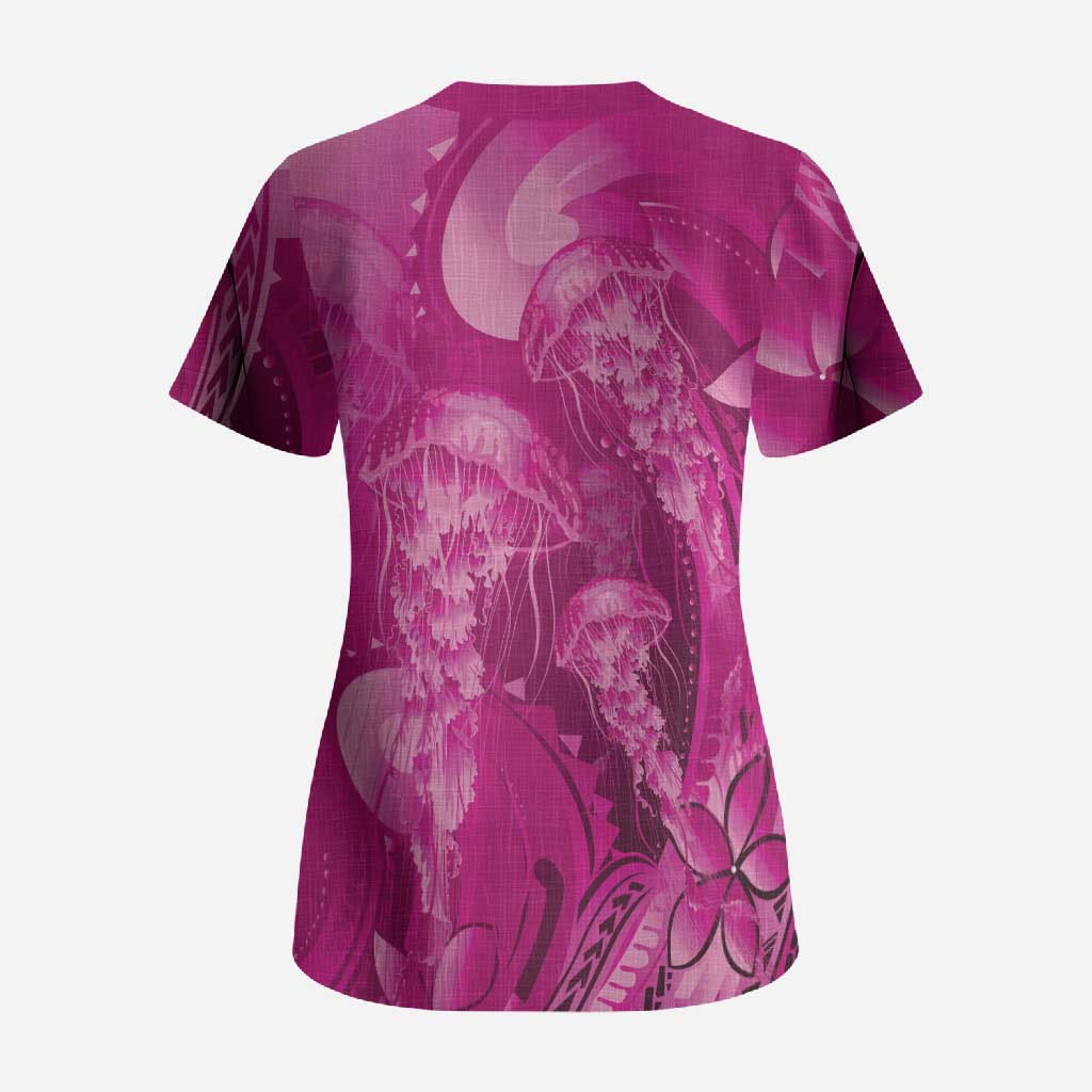 Pink Gradient Polynesia Jellyfish Scrub Top Plumeria Polynesian Tattoo Glowing Vibes