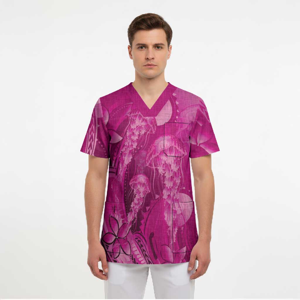 Pink Gradient Polynesia Jellyfish Scrub Top Plumeria Polynesian Tattoo Glowing Vibes