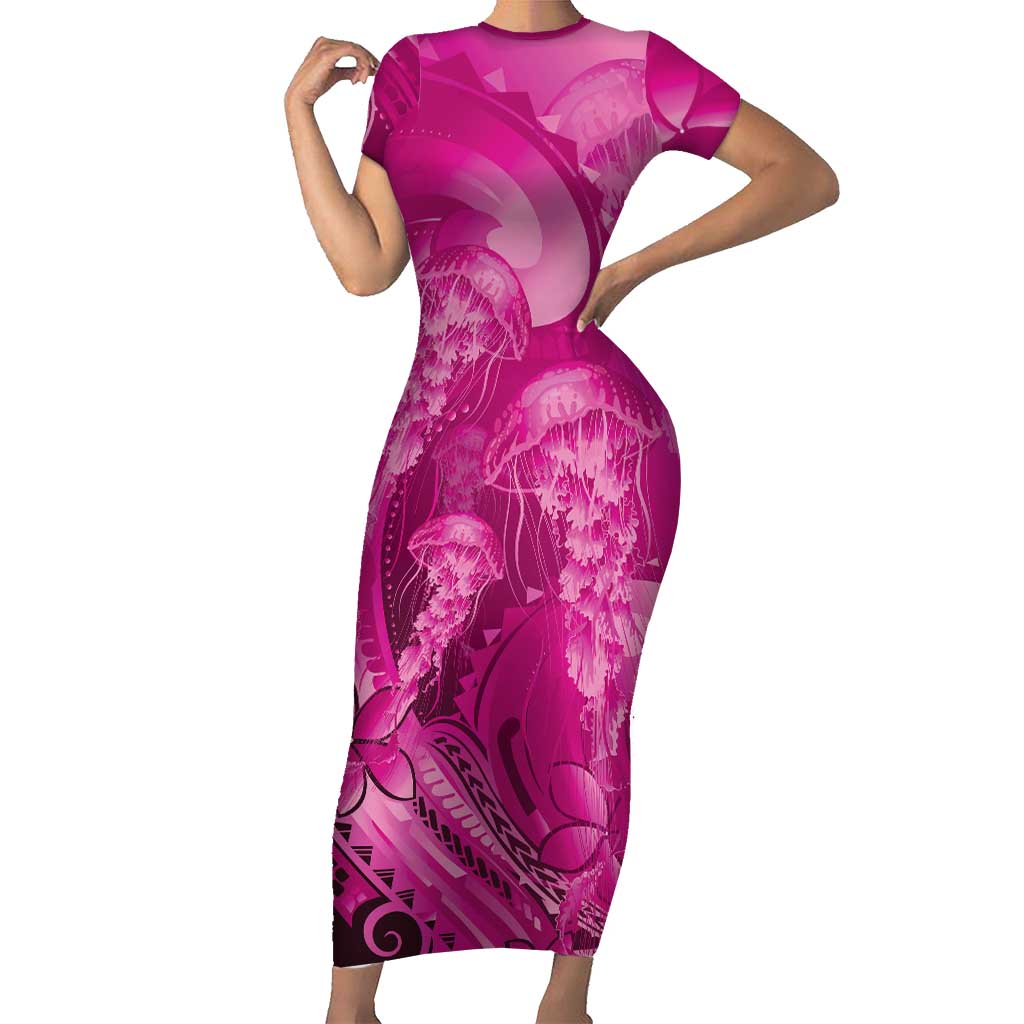 Pink Gradient Polynesia Jellyfish Short Sleeve Bodycon Dress Plumeria Polynesian Tattoo Glowing Vibes