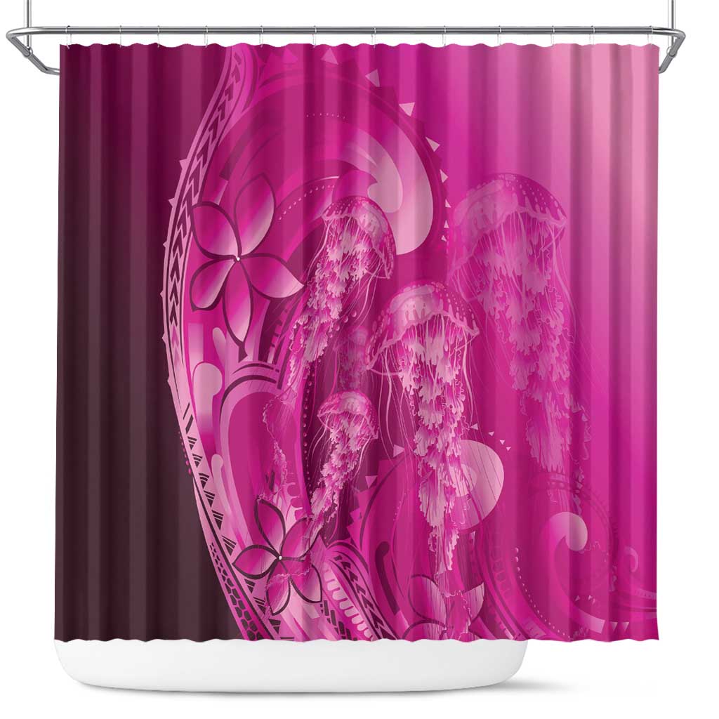 Pink Gradient Polynesia Jellyfish Shower Curtain Plumeria Polynesian Tattoo Glowing Vibes