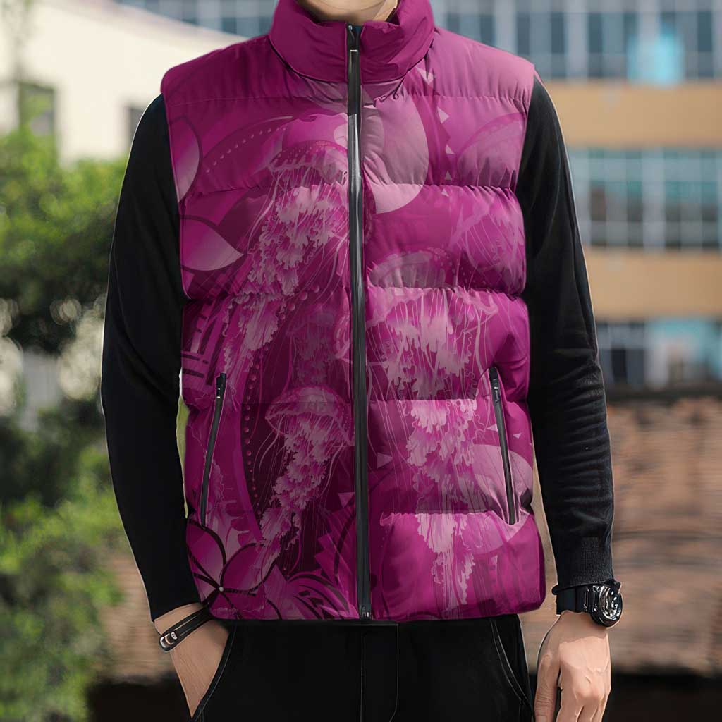 Pink Gradient Polynesia Jellyfish Sleeveless Puffer Jacket Plumeria Polynesian Tattoo Glowing Vibes