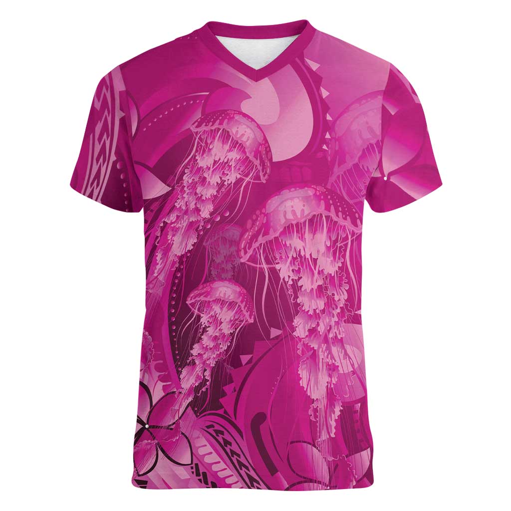 Pink Gradient Polynesia Jellyfish Women V-Neck T-Shirt Plumeria Polynesian Tattoo Glowing Vibes