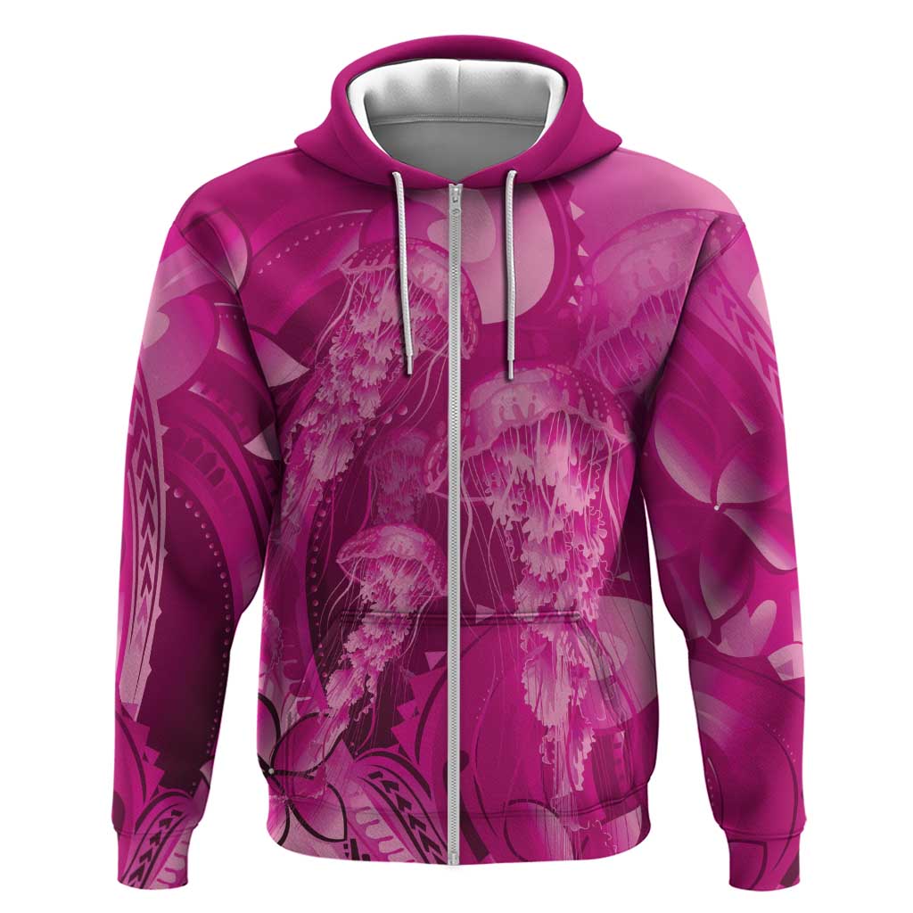 Pink Gradient Polynesia Jellyfish Zip Hoodie Plumeria Polynesian Tattoo Glowing Vibes