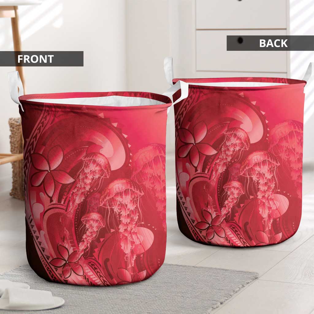 Red Gradient Polynesia Jellyfish Laundry Basket Plumeria Polynesian Tattoo Glowing Vibes